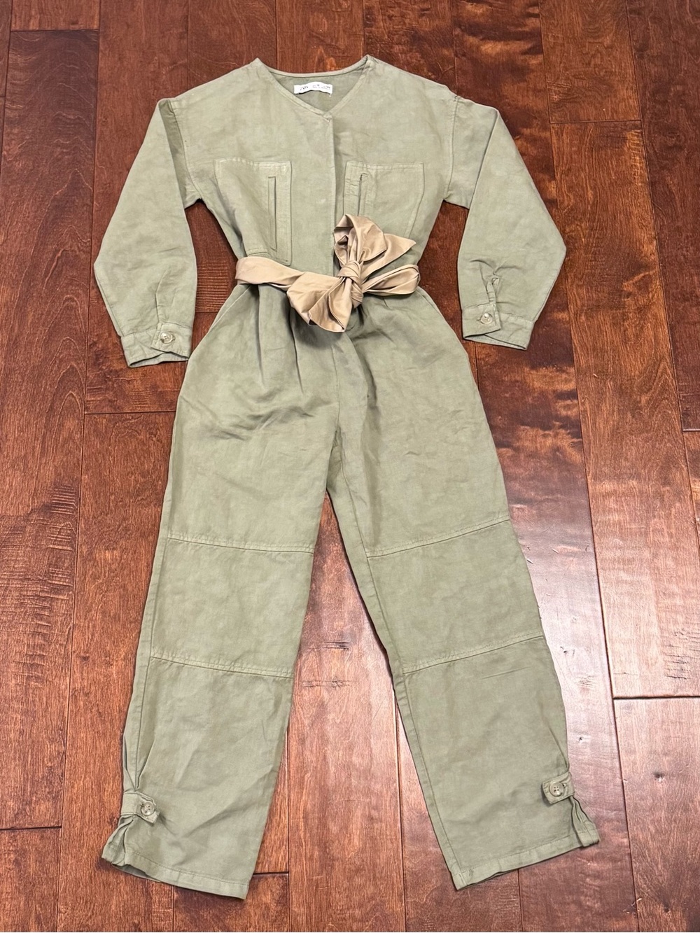 Zara Kids Olive Green Linen Long Sleeve Jumpsuit with Bow - Size 10